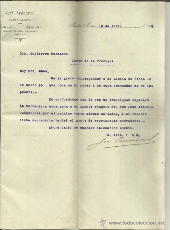 Commercial Letters: CARTA COMERCIAL DE JOS&Eacute; PASINOVICH. PUNTA ARENAS. CHILE. 1908