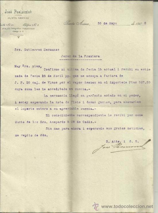 Commercial Letters: CARTA COMERCIAL DE JOS&Eacute; PASINOVICH. PUNTA ARENAS. CHILE. 1908