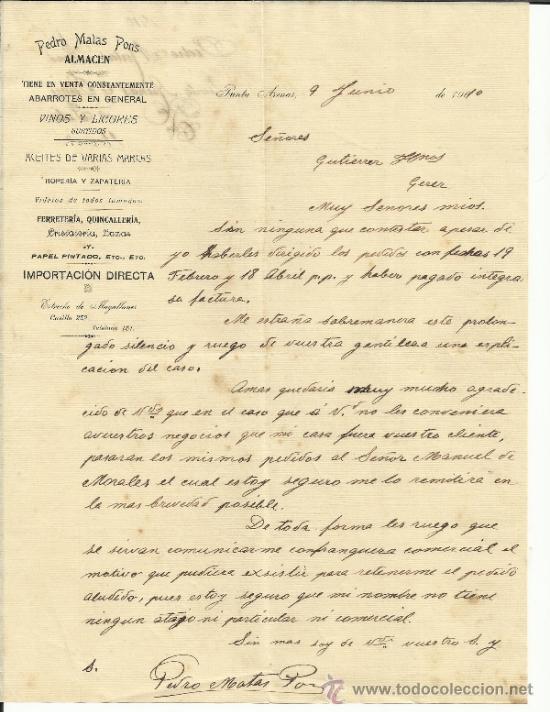 Commercial Letters: CARTA COMERCIAL DE PEDRO MATAS PONS. ALMAC&Eacute;N. PUNTA ARENAS. CHILE. 1910