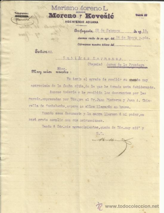 Commercial Letters: CARTA COMERCIAL DE MARIANO MORENO L. SUCESOR DE MORENO Y KEVES&Iacute;C. ANTOFAGASTA. CHILE. 1910