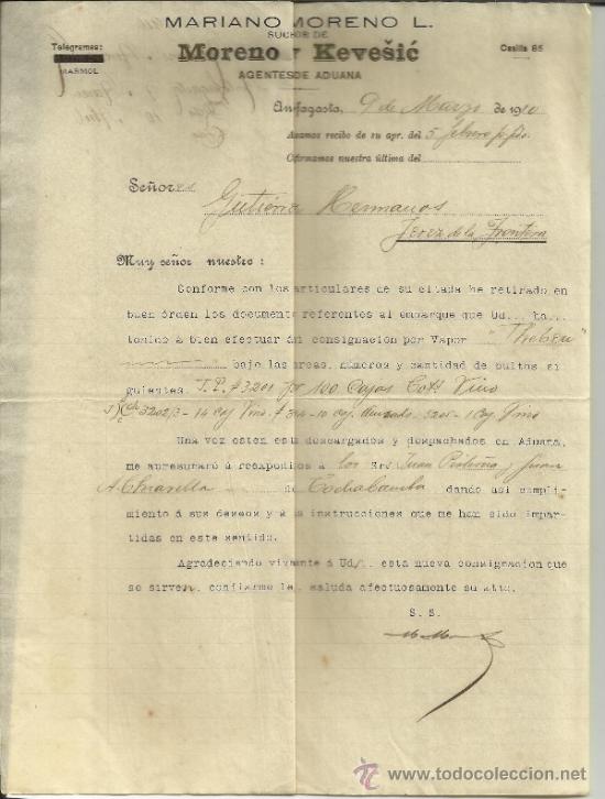 Lettres commerciales: CARTA COMERCIAL DE MARIANO MORENO L. SUCESOR DE MORENO Y KEVES&Iacute;C. ANTOFAGASTA. CHILE. 1910