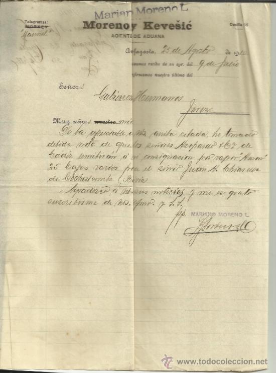 Lettres commerciales: CARTA COMERCIAL DE MARIANO MORENO L. SUCESOR DE MORENO Y KEVES&Iacute;C. ANTOFAGASTA. CHILE. 1910