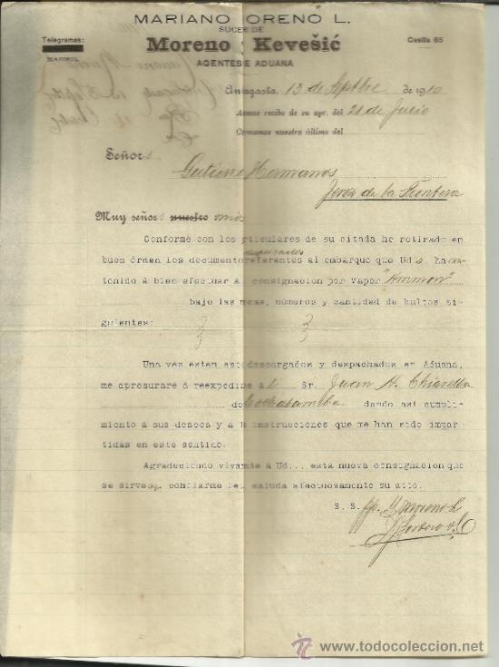 Lettres commerciales: CARTA COMERCIAL DE MARIANO MORENO L. SUCESOR DE MORENO Y KEVES&Iacute;C. ANTOFAGASTA. CHILE. 1910