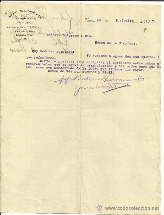 Lettres commerciales: CARTA COMERCIAL DE LUKSIC, YUTRONIC Y C&ordf;. UYUNY. BOLIVIA. 1907