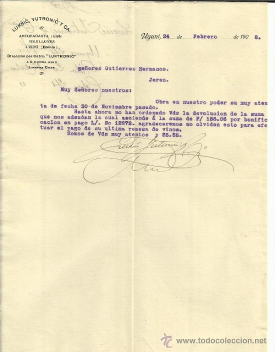 Lettres commerciales: CARTA COMERCIAL DE LUKSIC, YUTRONIC Y C&ordf;. UYUNY. BOLIVIA. 1908