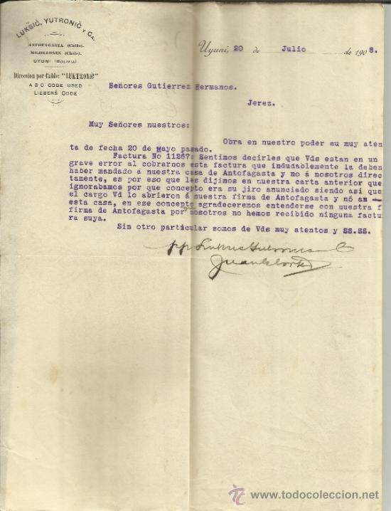 Lettres commerciales: CARTA COMERCIAL DE LUKSIC, YUTRONIC Y C&ordf;. UYUNY. BOLIVIA. 1908
