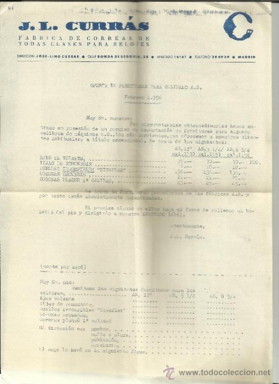 Gesch&auml;ftsbriefe: CIRCULAR DE OFERTA DE J.L. CURR&Aacute;S. CORREAS PARA RELOJES. MADRID. 1956