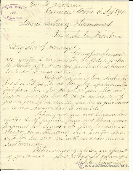 Gesch&auml;ftsbriefe: CARTA COMERCIAL DE FELIPE FRANCIA Y C&ordf;. CARACAS. VENEZUELA. 1890