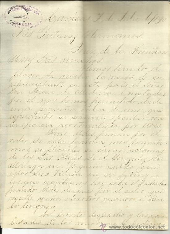 Gesch&auml;ftsbriefe: CARTA COMERCIAL DE FELIPE FRANCIA Y C&ordf;. CARACAS. VENEZUELA. 1890