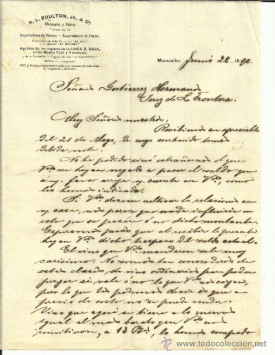 Lettres commerciales: CARTA COMERCIAL DE H.L. BOULTON, JR., & C&ordf;. MARACAIBO. VENEZUELA. 1890 (2 HOJAS)