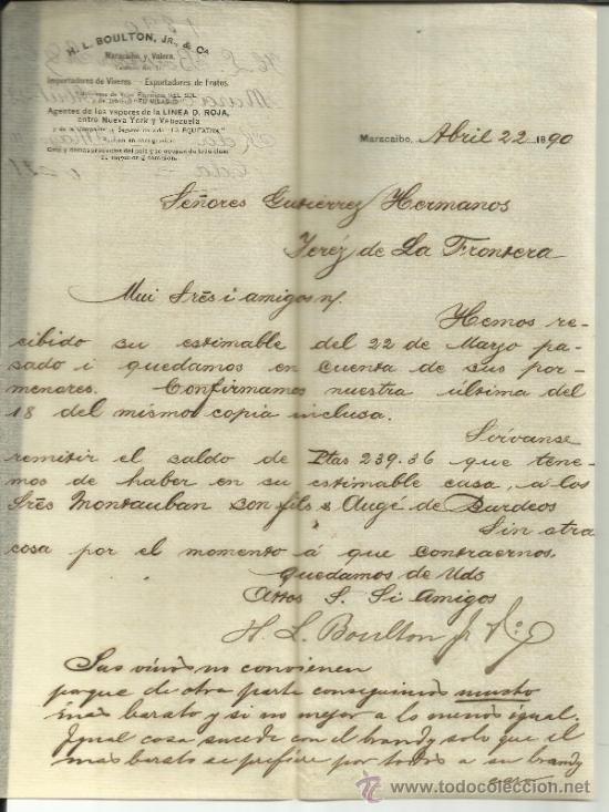 Lettres commerciales: CARTA COMERCIAL DE H.L. BOULTON, JR., & C&ordf;. MARACAIBO. VENEZUELA. 1890