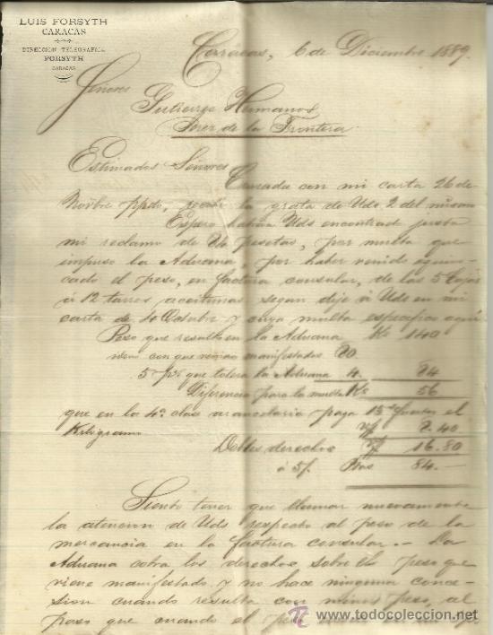 Gesch&auml;ftsbriefe: CARTA COMERCIAL DE LUIS FORSYTH. CARACAS. VENEZUELA. 1889 (3 HOJAS)