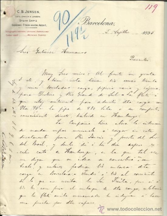 Gesch&auml;ftsbriefe: CARTA COMERCIAL DE C.B. JENSEN. LATE GARCIA & JENSEN. BARCELONA. 1895 (2 HOJAS).