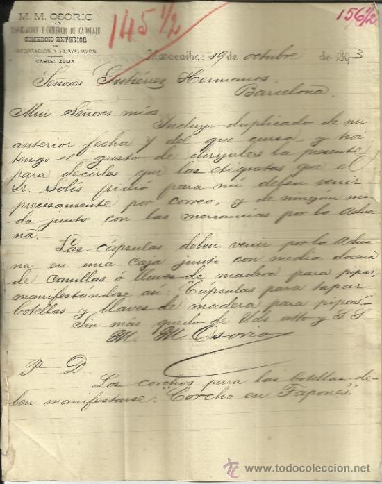 Gesch&auml;ftsbriefe: CARTA COMERCIAL M.M. OSORIO. NAVEGACI&Oacute;N Y COMERCIO DE CABOTAJE. MARACAIBO. VENEZUELA. 1893