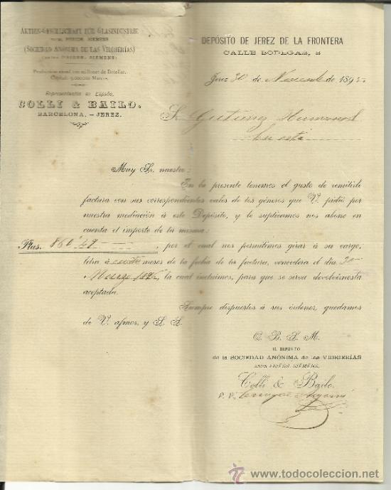 Lettres commerciales: CARTA COMERCIAL DE AKTIEN-GESELLSCHAFT F&Uuml;R GLASINDUSTRIE. COLLI & BAILO. JEREZ. C&Aacute;DIZ. 1895