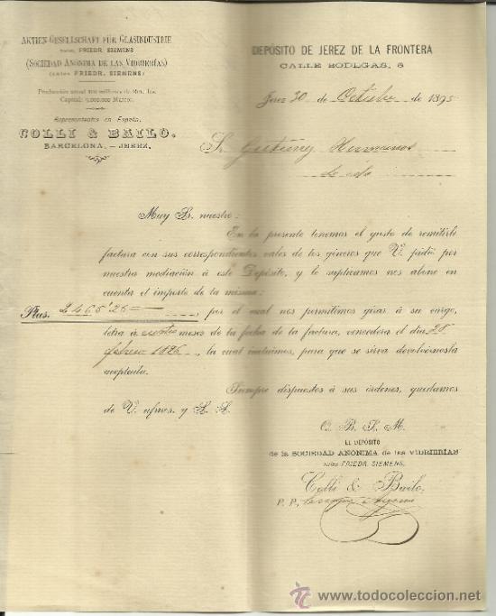 Lettres commerciales: CARTA COMERCIAL DE AKTIEN-GESELLSCHAFT F&Uuml;R GLASINDUSTRIE. COLLI & BAILO. JEREZ. C&Aacute;DIZ. 1895