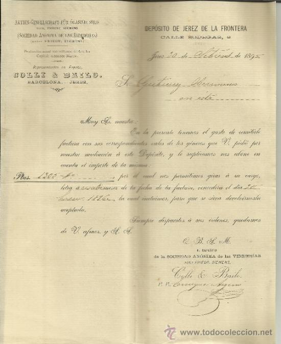 Lettres commerciales: CARTA COMERCIAL DE AKTIEN-GESELLSCHAFT F&Uuml;R GLASINDUSTRIE. COLLI & BAILO. JEREZ. C&Aacute;DIZ. 1895