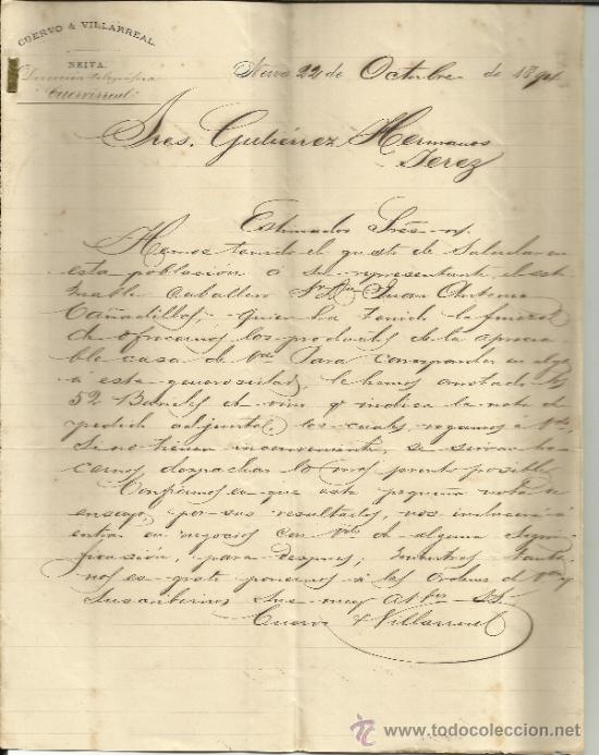 Lettres commerciales: CARTA COMERCIAL DE CUERVO & VILLARREAL. NEIVA. COLOMBIA. 1894 (2 HOJAS)