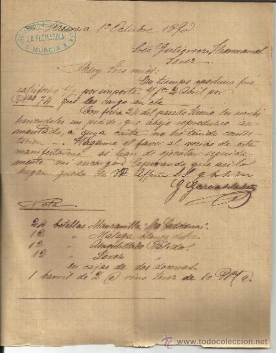 Lettres commerciales: CARTA COMERCIAL DE GUILLERMO GARC&Iacute;A DE LA MATA. MURCIA. 1890