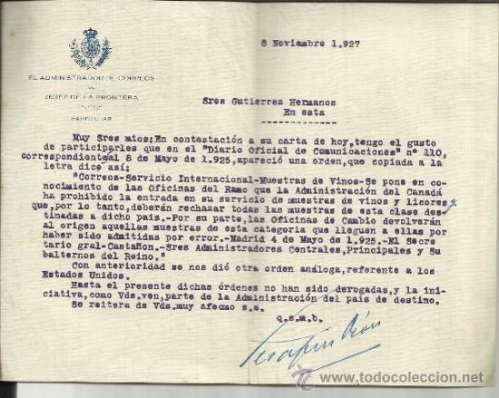 Lettres commerciales: CARTA COMERCIAL DEL ADMINISTRADOR DE CORREOS DE JEREZ DE LA FRONTERA. CADIZ. 1927