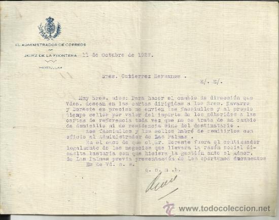 Lettres commerciales: CARTA COMERCIAL DEL ADMINISTRADOR DE CORREOS DE JEREZ DE LA FRONTERA. CADIZ. 1927