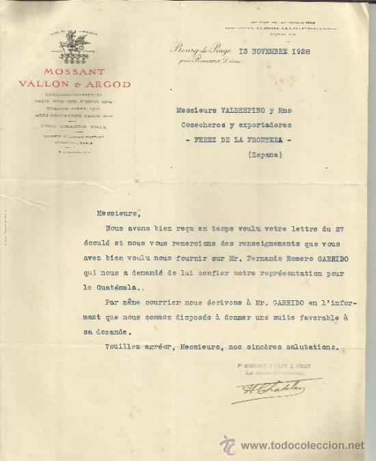 Lettres commerciales: CARTA COMERCIAL DE MOSSAT VALLON & ARGOD. BOURG DE PEAGE. PRES ROMANS (DROME) FRANCIA. 1928