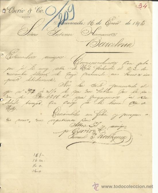 Lettres commerciales: CARTA COMERCIAL DE OSORIO & Co. MARACAIBO. VENEZUELA. 1895