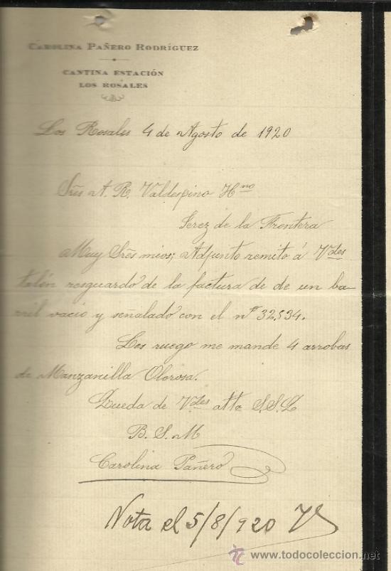 Lettres commerciales: CARTA COMERCIAL DE CAROLINA PA&Ntilde;ERO RODR&Iacute;GUEZ. CANTINA ESTACI&Oacute;N LOS ROSALES. LOS ROSALES.SEVILLA.1920
