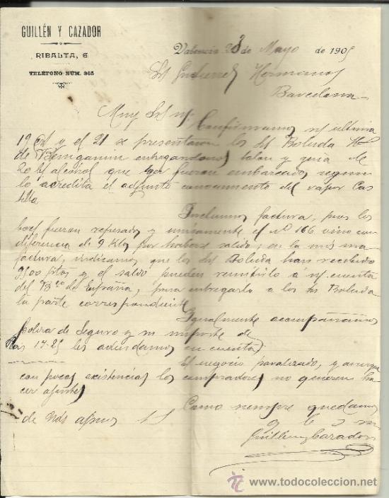 Lettres commerciales: CARTA COMERCIAL DE GUILL&Eacute;N Y CAZADOR. VALENCIA. 1905