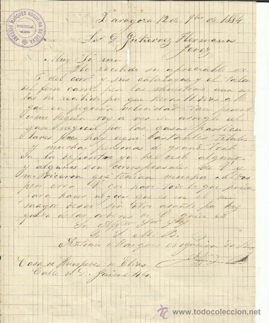 Lettres commerciales: CARTA COMERCIAL DE ANTONIO MARQUES NOGUEIRA DA SILVA. ZARAGOZA. 1884