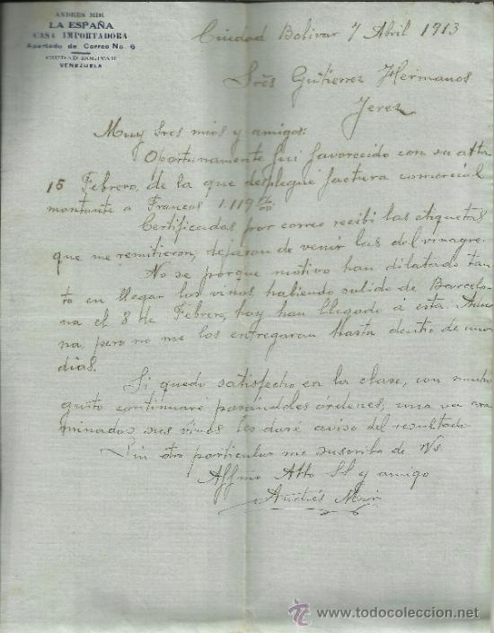 Lettres commerciales: CARTA COMERCIAL DE ANDRES MIR. LA ESPA&Ntilde;A. CIUDAD BOLIVAR. VENEZUELA. 1913