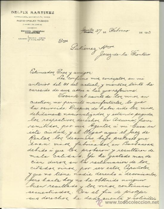 Lettres commerciales: CARTA COMERCIAL DE DELF&Iacute;N MART&Iacute;NEZ. IMPORTACI&Oacute;N, EXPORTACI&Oacute;N. IPALES. COLOMBIA. 1913 (3 HOJAS)