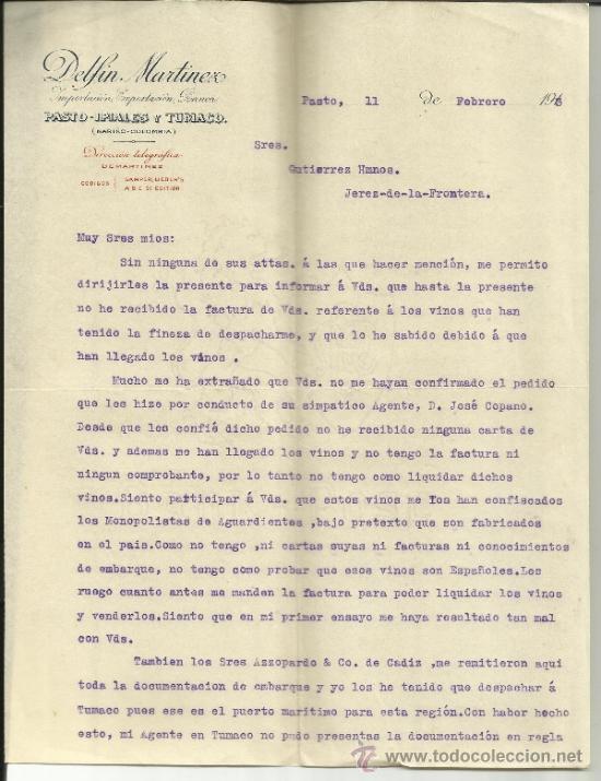 Lettres commerciales: CARTA COMERCIAL DE DELF&Iacute;N MART&Iacute;NEZ. IMPORTACI&Oacute;N, EXPORTACI&Oacute;N. PASTO. COLOMBIA. 1913 (2 HOJAS)