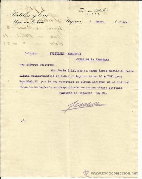 Lettres commerciales: CARTA COMERCIAL DE PORTILLO Y C&ordf;. UYUNI. BOLIVIA. 1913