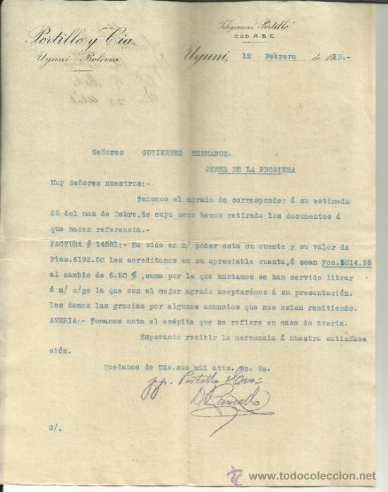 Lettres commerciales: CARTA COMERCIAL DE PORTILLO Y C&ordf;. UYUNI. BOLIVIA. 1913