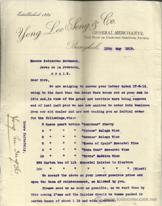 Lettres commerciales: CARTA COMERCIAL DE YOUNG LEE SENG & Co. BANGOKOK. TAILANDIA. 1919