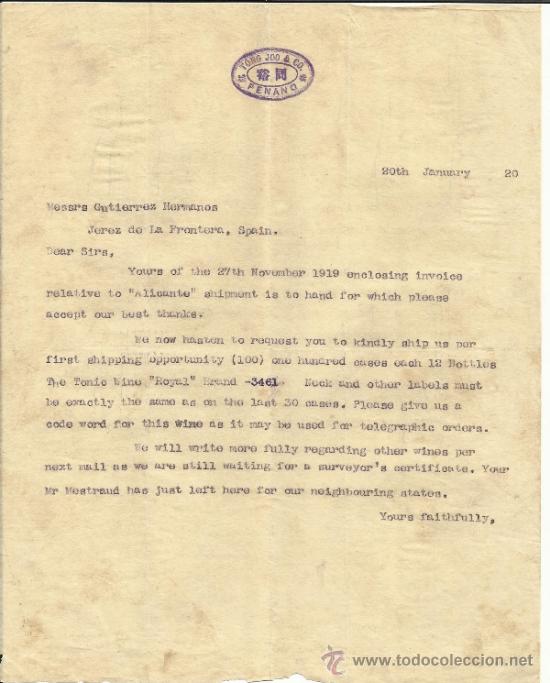 Lettere commerciali: CARTA COMERCIAL DE TONG JOO & CO. PENANG. INDONESIA. 1919