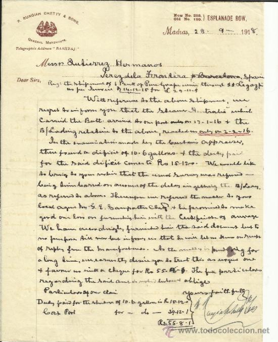 Lettere commerciali: CARTA COMERCIAL P. RUNGIAH CHETTY & SONS. COMERCIANTES EN GENERAL. MADRAS. TAMIL NADU. INDIA. 1918