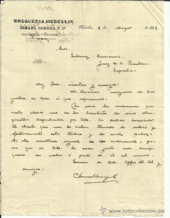Lettere commerciali: CARTA COMERCIAL DE ISMAEL CORREA Y C&ordf;. DROGUER&Iacute;A MEDELL&Iacute;N. MEDELL&Iacute;N. COLOMBIA. 1912