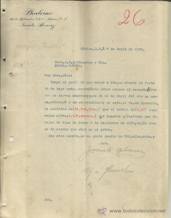 Commercial Letters: CARTA COMERCIAL DE JACINTO ALVAREZ. PHALERMO. M&Eacute;XICO (M&Eacute;XICO). 1920