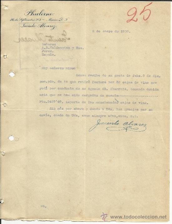 Commercial Letters: CARTA COMERCIAL DE JACINTO ALVAREZ. PHALERMO. M&Eacute;XICO (M&Eacute;XICO). 1920