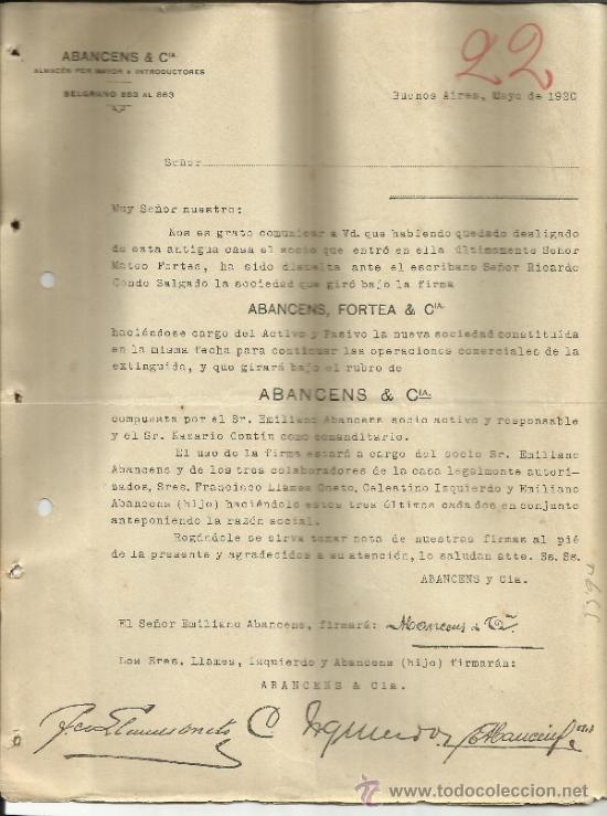 Commercial Letters: CIRCULAR DE ABANCENS & C&ordf;. (ANTIGUA ABANCENS, FORTEA & C&ordf;). BUENOS AIRES. ARGENTINA. 1920