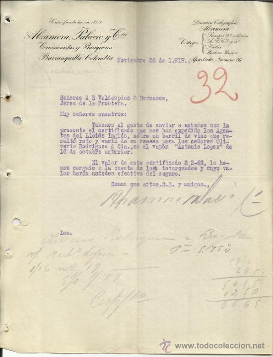 Commercial Letters: CARTA COMERCIAL DE ALZAMORA, PALACIO Y C&ordf;. BARRANQUILLA. COLOMBIA. 1919