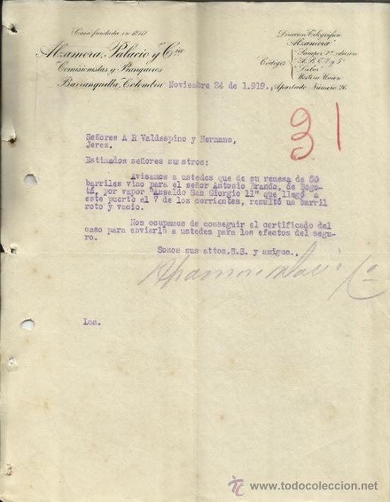 Commercial Letters: CARTA COMERCIAL DE ALZAMORA, PALACIO Y C&ordf;. BARRANQUILLA. COLOMBIA. 1919