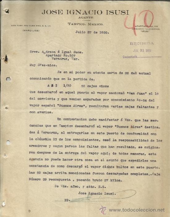Commercial Letters: CARTA COMERCIAL DE JOS&Eacute; IGNACIO ISUSI. AGENTE. TAMPICO. M&Eacute;XICO. 1920