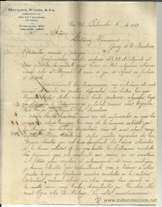 Commercial Letters: CARTA COMERCIAL DE M&Aacute;RQUEZ, RIBERO & Co. COMERCIANTES. SAN GIL. COLOMBIA. 1912