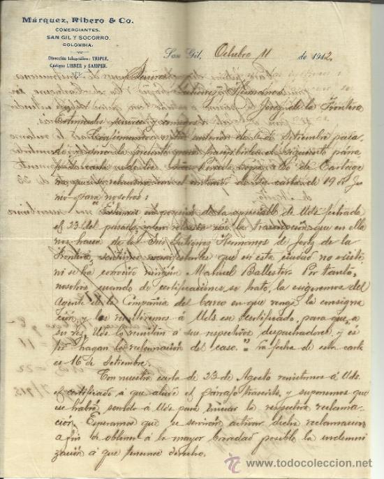Commercial Letters: CARTA COMERCIAL DE M&Aacute;RQUEZ, RIBERO & CO. COMERCIANTES. SAN GIL. COLOMBIA. 1912
