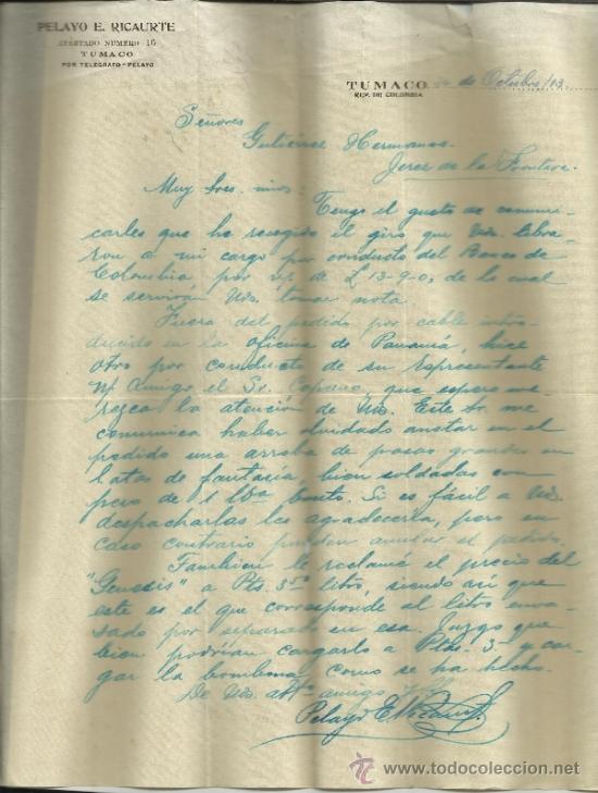 Commercial Letters: CARTA COMERCIAL DE PELAYO E. RICAURTE. TUMACO. COLOMBIA. 1913