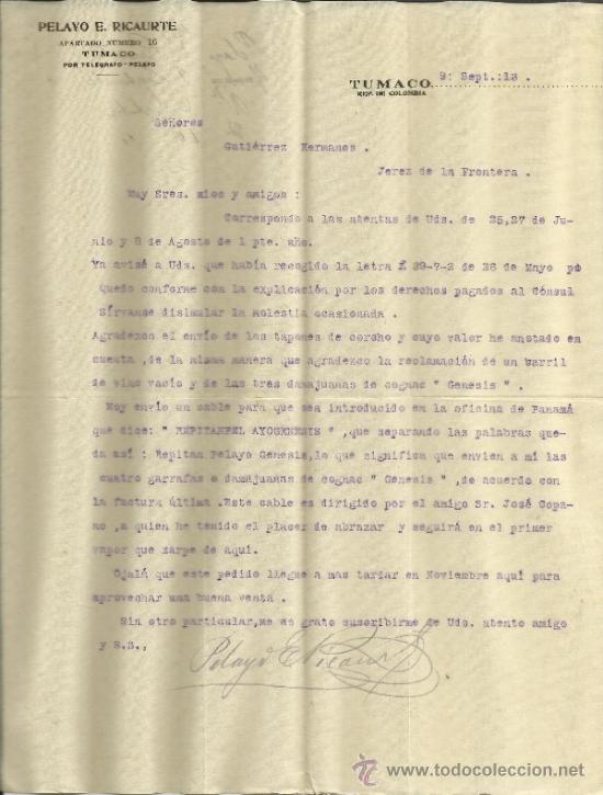 Commercial Letters: CARTA COMERCIAL DE PELAYO E. RICAURTE. TUMACO. COLOMBIA. 1913