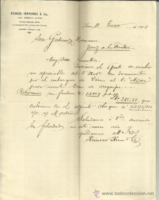 Commercial Letters: CARTA COMERCIAL DE REINOSO HERMANOS & C&ordf;. LIMA. PER&Uacute;. 1913